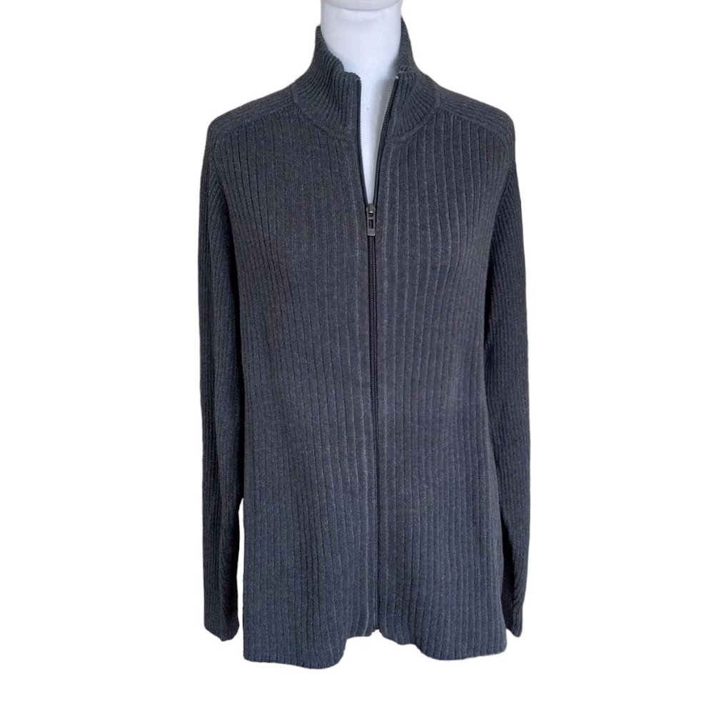 DKNY Jeans grey cotton zip ribbed cardigan sweater size M